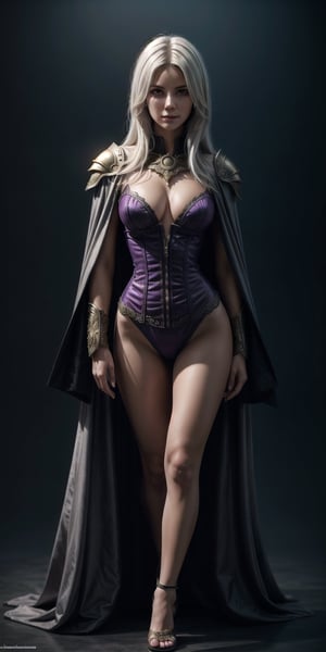 Beautiful girl, solo, dark elf, dark skin, white hair, purple eyes with a slight glow, long loose hair, straight bangs covers one eye, smirk, light armor, cloak, elaborate details, complex patterns, dinamic angle, action pose, volumetric lighting, multiple light sources, intricate detailed background, masterpiece, best quality, ultra detailed, (detailed background), perfect shading, high contrast, best illumination, extremely detailed, ray tracing, realistic lighting effects, neon noir illustration, (perfect waist line , perfect figure), full body,