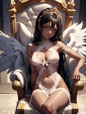 Beautiful Latin Afro Gril (masterpiece, highres quality:1.4), (sexy dark-skinned angel:1.5), large Angel wings on her back,  highly detailed, beautiful hips, wet, moist white see_through, sheer short gown trimmed in gold thin lace, beautiful large_breasts, beautiful lips, beautiful tiara on head,, very hard nipples, gown open, beautiful eyes, beautiful cleavage, perfect lighting, perfect skin, 
 around breasts, very long black hair,  dark shiny_skin, open cleavage shirt, long hair, bay of cartagena de indias background, very detailed,  sunset, full_body leaning on a detailed throne of clouds, beautiful bright sunlight, FFIXBG,kugisaki nobara