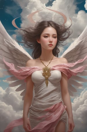 A celestial drama unfolded in the ethereal heavens as thick clouds formed an a beauty Brunette girl whole body, with angelic wings, The billows weaved together, creating a wondrous creature of mythical lore. This captivating manifestation has become popular on Artstation, depicted with precise brushstrokes. The studio portrait reveals unrivaled intricacy and breathtaking detail. The creation is adorned with minuscule intricacies that are indescribable. Ciberpunk Pink City Background.