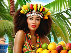 very closeup, Describe (an afro latin woman next to the fruits,), in vivid detail a high-resolution image of a tropical fruit still life arrangement set on an open balcony with a breathtaking view of Cartagena de Indias' bay in Colombia. Additionally, include the presence of an Afro-Latina girl who is part of the scene, seamlessly integrated into the lush colors, textures, and overall ambiance. Ensure the description is rich in sensory details and provides an immersive experience for the reader while highlighting the harmonious inclusion of the girl in the setting. Bay background, sharp focus, colorful, high contrast, detailed fruits, fresh green leaves, soft natural lighting, delicate and intricate branches, vibrant and saturated colors, high resolution, realistic, fine textures, exquisite details, realistic 3D rendering, artistic composition, bokeh effect, masterfully captured, visually captivating, visually stunning
,High detailed ,Color magic,tropical_tiki_retreat,ColorART,Monster,pturbo,vector art illustration,isni