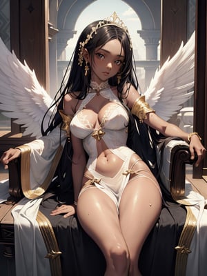 Beautiful Latin Afro Gril (masterpiece, highres quality:1.4), (sexy dark-skinned angel:1.5), large Angel wings on her back,  highly detailed, beautiful hips, wet, moist white see_through, sheer short gown trimmed in gold thin lace, beautiful large_breasts, beautiful lips, beautiful tiara on head,, very hard nipples, gown open, beautiful eyes, beautiful cleavage, perfect lighting, perfect skin, 
 around breasts, very long black hair,  dark shiny_skin, open cleavage shirt, long hair, bay of cartagena de indias background, very detailed,  sunset, full_body leaning on a detailed throne of clouds, beautiful bright sunlight, ,Korean,FFIXBG