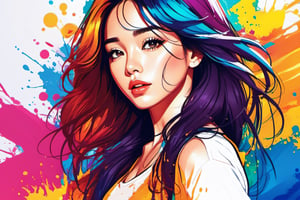 ColorART,pop_art, beauty,1latin girls,close_up,messy_hair,illustrator,adobe illustrator,splash color background,waist_up,kpopfanart