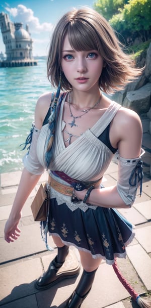 Ellafreya, yuna cosplay, symmetrical, perfect composition, hyperrealistic, super detailed, high quality, front, epic Instagram, artstation, unreal engine, splash screen, complementary colors, concept art, full height, full body focus, outdoors, punching robot,yuna \(ff10\),heterochromia
