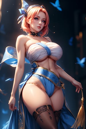 ((1 girl, adorable, Sexy )), ((,chest sarashi, thighhighs, sash)), (headband,gild_hair, short hair, blue eyes, makeup), (large breasts, large ass, thick thighs, wide hips, abs, voloptuous), background sakura,gold_clothing
