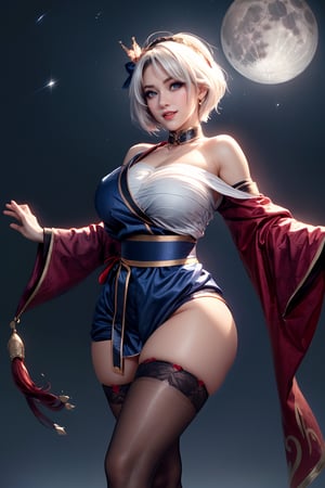 ((1 girl, adorable, happy)), ((off shoulder, chest sarashi, thighhighs, sash)), (headband, white hair, short hair, blue eyes, makeup), (large breasts, large ass, thick thighs, wide hips, abs, voloptuous), background moon