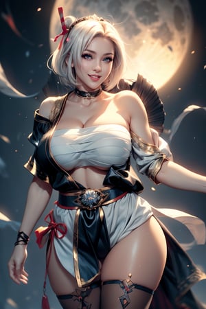 ((1 girl, adorable, happy)), ((off shoulder, chest sarashi, thighhighs, sash)), (headband, white hair, short hair, blue eyes, makeup), (large breasts, large ass, thick thighs, wide hips, abs, voloptuous), background moon