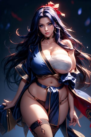 ((1 girl, adorable, Cool )), ((,chest sarashi, thighhighs, sash)), (headband,dark blue hair, long hair, blue eyes, makeup), (large breasts, large ass, large thighs, wide hips, abs, voloptuous), background sakura