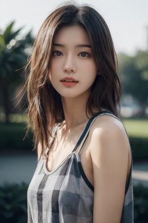 20-Year-Old Korean Female, 
an athletic figure, 
Half Body Shot, hazel eyes, 
a checkered shirt, 
moderate chest size, 
with long black  hair, 
Realistic Photos, 
Lighting Effects on Face, 
park Background, arshadArt,hf_Alexandra_Nagy-20