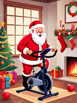 Gym, Santa Claus riding an exercise bike, sports enthusiast