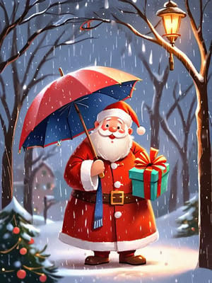 Santa Claus receives a present, has a nice umbrella, has a ribbon on the umbrella, is hugging a closed umbrella, looks happy