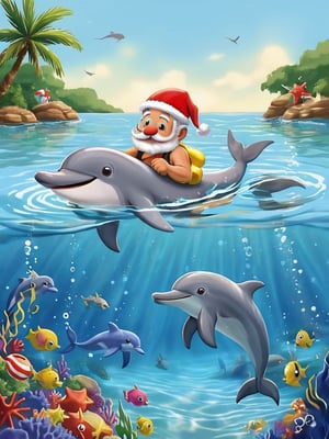 Santa swimming in the water, there is a dolphin next to him, in the sea,