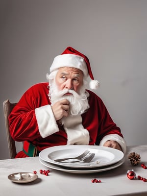 Melancholy Santa Claus, broke the tableware, sad, broken plate, two plates in half