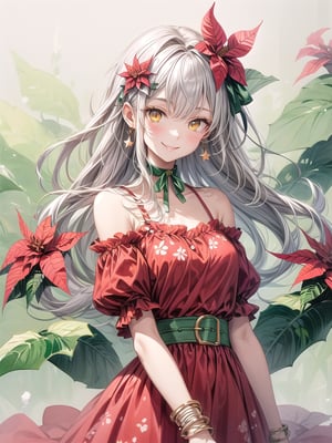 (((long silver hair)))
(((yellow eyes))))
BREAK
(((upper body)))
(((cute)))
(((smile:1.4)))
(((soft and soft image)))
BREAK
(((Poinsettia flower covered with snow)))
(((Flowers have a watercolor texture)))
(((Illustration with flower background)))
BREAK ([star-sharped] hair ornament:1.4), (golden bracelet:1.3), wind lift,
BREAK (red and [[[white]]] theme:1.5), (summer maxi red frilled dress:1.5), ([[white snowflake-printed]] on dress:1.4), (bare shoulder:1.4), (detached sleeves:1.3), (fur-trimmed_capelet), (fur-trimmed_dress:1.2),
BREAK (green theme:1.3), (green choker with ribbon:1.3), (green hair ribbon:1.2), (green belt:1.3), (green ribbon on green belt:1.5),