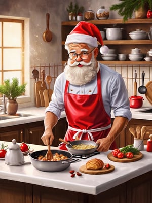 Santa Claus, cooking, stylish kitchen, wearing an apron,