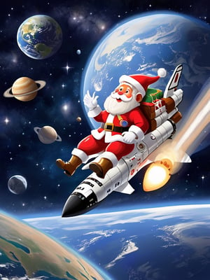 Spacewalk, Santa Claus riding the space shuttle, Earth, Saturn, Moon