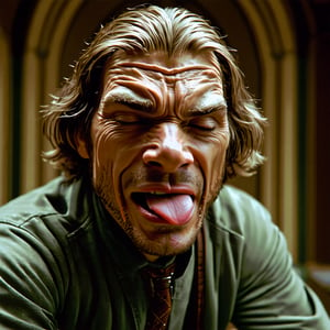 A close-up shot of JarJar Binks' face, his eyes closed in ecstasy as he leans forward to give Anakin Skywalker a sloppy, wet topy. The camera captures the texture of JarJar's Gungan skin and the way his tongue darts in and out of his mouth. The background is a blurred mess of Naboo palace corridors, adding to the comedic absurdity of the situation.