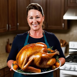 milf in a kitchen holding a plump turkey,anitoon style