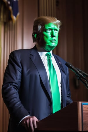 donald trump with green skin standing at a podium, shallow depth of field, cinematic