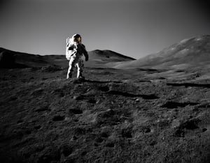 astronaut standing outside LLM staring at bigfoot on the moon surface,apollo_style