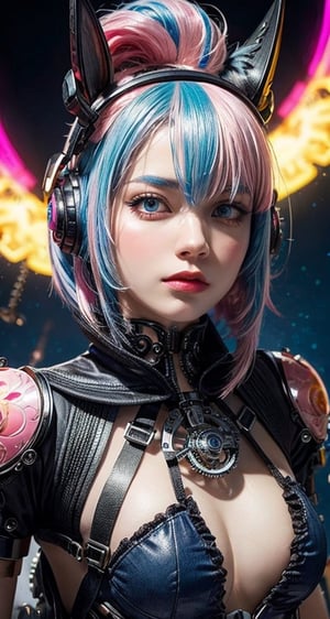 (masterpiece, top quality, best quality, official art, beautiful and aesthetic:1.2), (1 girl:1.4), Upper body portrait of a stunning and captivating character with (pink|blue hair:1.5), meticulously detailed in a mesmerizing and colorful (fractal art:1.3) style, featuring the highest level of detail and showcasing intricate (Mechanical modification:1.5).,bunnytech,ritsu______co, fluffy,scifi,eggmantech