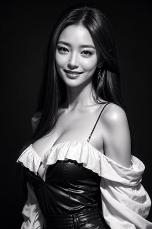 masterpiece, best quality, photorealistic, raw photo, 1girl, long hair, blouse, light smile, detailed skin, pore, off_shoulder, low key, black_background,monochrome,High detailed ,Color magic