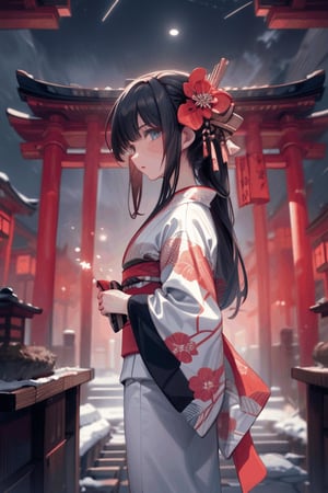 (((best quality,masterpiece))),(a beautiful girl,(flower pattern) kimono),(anime style),(Snow cover,night_sky ,fireworks,Japanese shrine),midjourney,female_solo,milfication,1 girl, nature view,