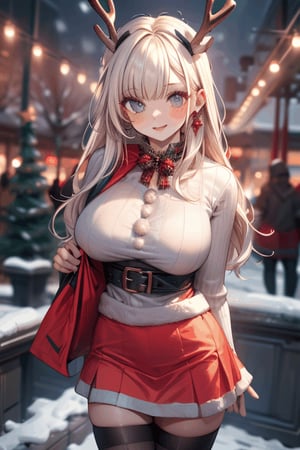 (((best quality,masterpiece))),(a beautiful girl,Santa Claus clothes,skirt,Big breasts,black stockings),(snowflakes ,Snow cover,night,reindeer,Christmas tree),Focus the upper body,midjourney,female_solo,1 girl,glitter,breakdomain,masterpiece