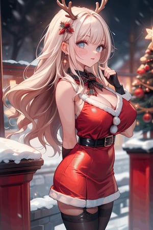 (((best quality,masterpiece))),(a beautiful girl,Santa Claus clothes,skirt,Big breasts,black stockings),(snowflakes ,Snow cover,night,reindeer,Christmas tree),Focus the upper body,midjourney,female_solo,1 girl,glitter