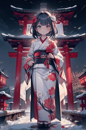 (((best quality,masterpiece))),(a beautiful girl,(flower pattern) kimono),(anime style),(Snow cover,night_sky ,fireworks,Japanese shrine),midjourney,female_solo,milfication,1 girl, nature view,