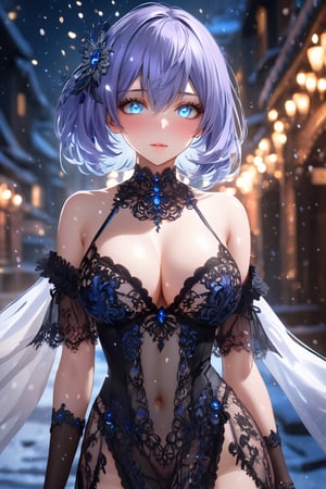 (((extremely detailed CG unity 8k wallpaper, masterpiece, best quality, ultra-detailed, best shadow))),(anime),(anime style) ,(beautiful detailed face, beautiful detailed eyes),(a beautiful girl, (Big breasts),wearing (black) with intricate lace details, laced dress, laced shoulder,sheer black stockings,White hair), (Beautiful blue eyes,soft expression,Depth and Dimension in the Pupils,So beautiful eyes that, Has deep clear eyes,detailed eyelashes,mesmerizing iris colors),(Snow cover,night_sky ,fireworks),(breast focus),(breasts out:1.3), (detailed background), (best illumination, an extremely delicate and beautiful), female_solo,dramatic lighting,dynamic angle,beautiful detailed glow,dynamic action,(full body:1.5), street,
