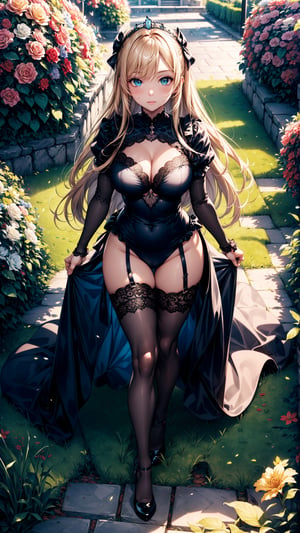 (best quality, masterpiece, illustration, designer, lighting), (extremely detailed CG 8k wallpaper unit), (detailed and expressive eyes), detailed particles, beautiful lighting, A boy and a girl back to back,girl long blonde hair, big breasts , wearing a teddy bear tiara, donning a beautiful black and red dress with ruffles and lace, sheer black stockings, transparent aquamarine crystal shoes, bows around her chest,   butterflies around, (Pixiv anime style),(manga style),background, garden, colored flowers,butterflies, Rose, flowers covering her, (aerial view), grass, looking to viewer, flower background,road of flowers,drow,holding katana
