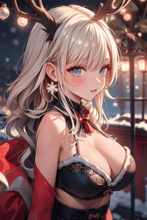 (((best quality,masterpiece))),(a beautiful girl,Santa Claus clothes,skirt,Big breasts,black stockings),(snowflakes ,Snow cover,night,reindeer,Christmas tree),Focus the upper body,midjourney,female_solo,1 girl,glitter,breakdomain,masterpiece