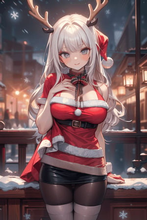 (((best quality,masterpiece))),(a beautiful girl,Santa Claus clothes,skirt,Big breasts,black stockings),(snowflakes ,Snow cover,night,reindeer,Christmas tree),Focus the upper body,midjourney,female_solo,1 girl,glitter