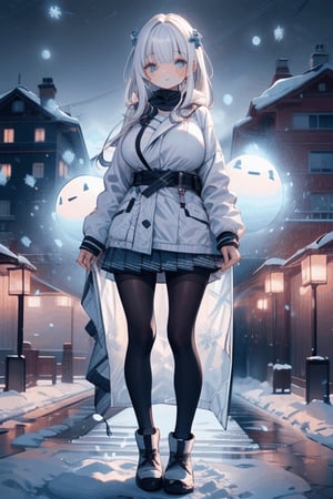 (((masterpiece))),(a beautiful girl,white coat,skirt,Big breasts),(snowflakes ,Snow cover,falling snow,night),(snowman)