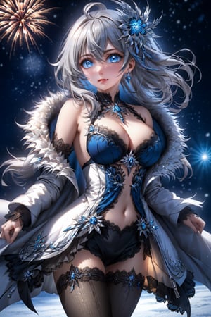 (((extremely detailed CG unity 8k wallpaper, masterpiece, best quality, ultra-detailed, best shadow))),(anime),(anime style) ,(beautiful detailed face, beautiful detailed eyes),(a beautiful girl, (Big breasts),wearing white coat, laced dress, skirt,sheer black stockings,White hair), (Beautiful blue eyes,soft expression,Depth and Dimension in the Pupils,So beautiful eyes that, Has deep clear eyes,detailed eyelashes,mesmerizing iris colors),(Snow cover,night_sky ,fireworks),(breast focus),(breasts out:1.5), (detailed background), (best illumination, an extremely delicate and beautiful), female_solo,dramatic lighting,dynamic angle,beautiful detailed glow,dynamic action,(full body:1.5), 