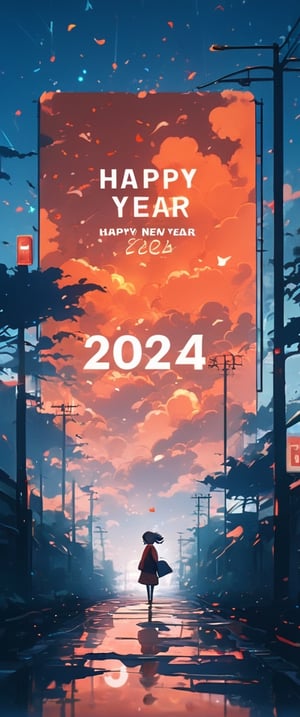 (Best quality, ultra detailed, masterpiece), cloudy sky, (hazy orange down:1.2), 1 girl with , Approaching, happy,  ,hello(silhouette), sad atmosphere, (red scenery:1.2), (blue focus),  country, new year´s eve theme, masterpiece, best quality,abandoned roas,traffic sign with the inscription (((happy new year 2024))),Text