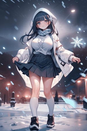 (((masterpiece))),(a beautiful girl,white coat,skirt,Big breasts),(snowflakes ,Snow cover,falling snow,night),(snowman)