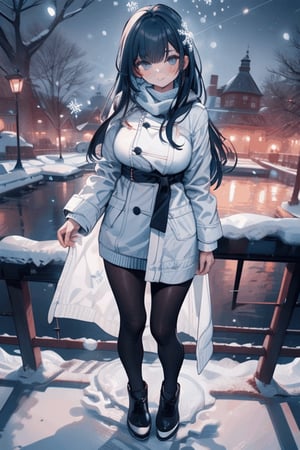 (((masterpiece))),(a beautiful girl,white coat,skirt,Big breasts),(snowflakes ,Snow cover,falling snow,night),(snowman)