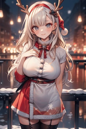 (((best quality,masterpiece))),(a beautiful girl,Santa Claus clothes,skirt,Big breasts,black stockings),(snowflakes ,Snow cover,night,reindeer,Christmas tree),Focus the upper body,midjourney,female_solo,1 girl,glitter