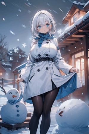 (((masterpiece))),(a beautiful girl,white coat,skirt,Big breasts),(snowflakes ,Snow cover,falling snow,night),(snowman)