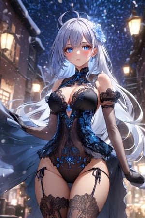 (((extremely detailed CG unity 8k wallpaper, masterpiece, best quality, ultra-detailed, best shadow))),(anime),(anime style) ,(beautiful detailed face, beautiful detailed eyes),(a beautiful girl, (Big breasts),wearing (black) with intricate lace details, laced dress, laced shoulder,sheer black stockings,White hair), (Beautiful blue eyes,soft expression,Depth and Dimension in the Pupils,So beautiful eyes that, Has deep clear eyes,detailed eyelashes,mesmerizing iris colors),(Snow cover,night_sky ,fireworks),(breast focus),(breasts out:1.3), (detailed background), (best illumination, an extremely delicate and beautiful), female_solo,dramatic lighting,dynamic angle,beautiful detailed glow,dynamic action,(full body:1.5), street,