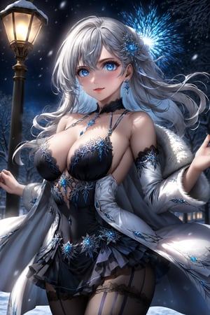 (((extremely detailed CG unity 8k wallpaper, masterpiece, best quality, ultra-detailed, best shadow))),(anime),(anime style) ,(beautiful detailed face, beautiful detailed eyes),((a beautiful girl, (Big breasts:1.5),wearing white coat, laced dress, (skirt) , sheer black stockings,White hair)), (Beautiful blue eyes,soft expression,Depth and Dimension in the Pupils,So beautiful eyes that, Has deep clear eyes,detailed eyelashes,mesmerizing iris colors),(Snow cover,night_sky ,fireworks),(breast focus),(breasts out:1.5), (detailed background), (best illumination, an extremely delicate and beautiful), female_solo,dramatic lighting,dynamic angle,beautiful detailed glow,dynamic action,(full body:1.5), 