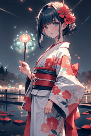 (((best quality,masterpiece))),(a beautiful girl,(flower pattern) kimono),(Snow cover,night_sky ,fireworks),midjourney,female_solo,milfication,1 girl, nature view,