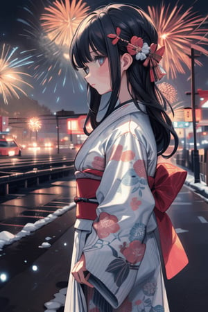 (((best quality,masterpiece))),(a beautiful girl,(flower pattern) kimono),(anime style),(Snow cover,night_sky ,fireworks,road),midjourney,female_solo,milfication,1 girl, nature view,