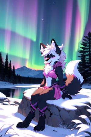 white body, furry female fox, with long white hair, black highlights, long floofy-tipped ears, burgundy and violet rave girl outfit, smirk, sitting rock on a mesa, at night, moonlight, snowy forest, furry, aurora borealis above,FurryCore
