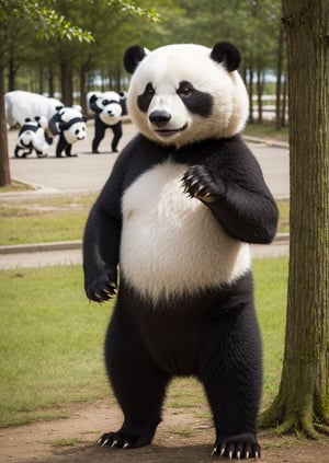 solo, standing, tree, girl humans, furry, fighting stance, bear, panda,bear costume