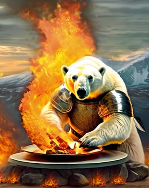 polar bear,crop top,plate armor,fire,
