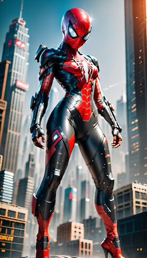 A Hi-Tech glowing cybernetic cyberpunk style red black(Hi-Tech armour style), 1 girl 九尾妖狐 
 spiderman armour, Hi-Tech glowing armour, with High tech tools and weapons , futuristic super hi-tech armour, perfect city background,mecha, (best Hi-Tech glowing armour), (full body), (wearing Hi-Tech gauntlet), photographic cinematic super super high detailed super realistic image, 4k ultra HDR high quality image, masterpiece, 