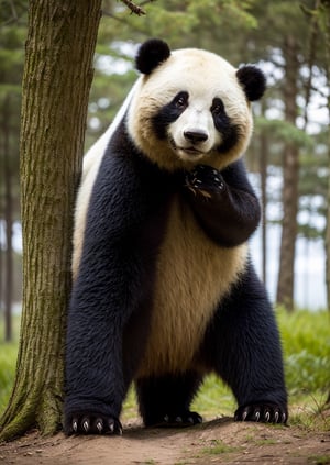 solo, standing, tree, no humans, furry, fighting stance, bear, panda