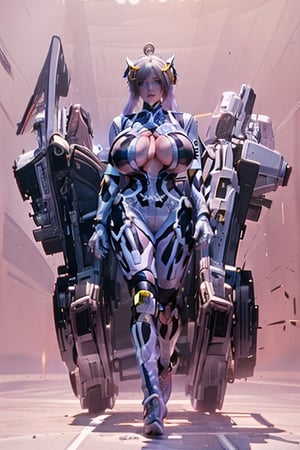 (masterpiece), science fiction, city, scenery, whole body, 1girl, long hair, ponytail, blond hair color, light blue eyes, mecha headgear, panoramic wide angle, Big Breasts,(gigantic breasts:2.5),Red sci-fi bodysuits color, on a TREADMILL, running,mecha,DonMC3l3st14l3xpl0r3rsXL,cara,AliceWonderlandWaifu,k4k3k, no humans,